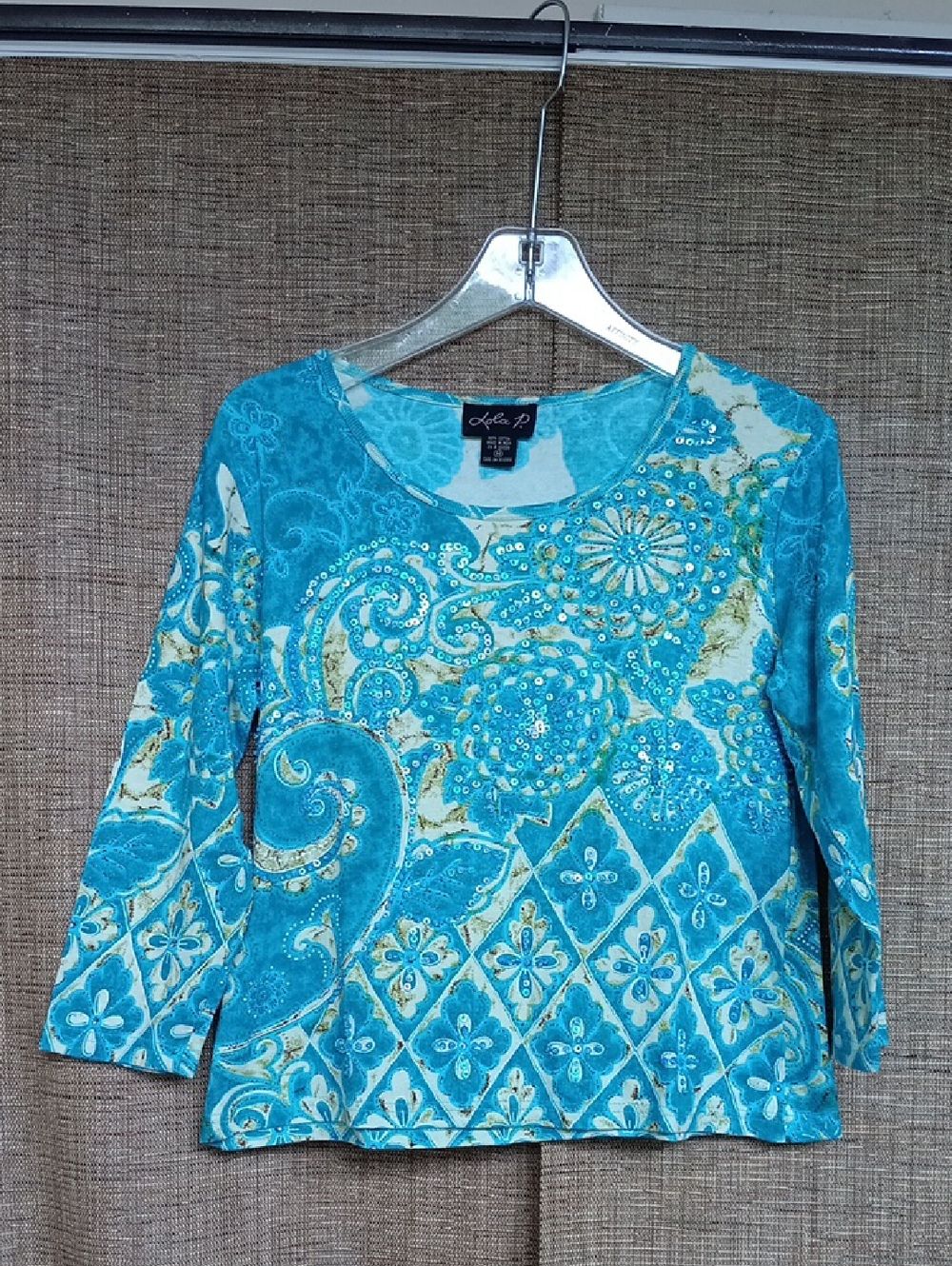 lola Teal Patterned Sequin-Accent Long Sleeve Tee